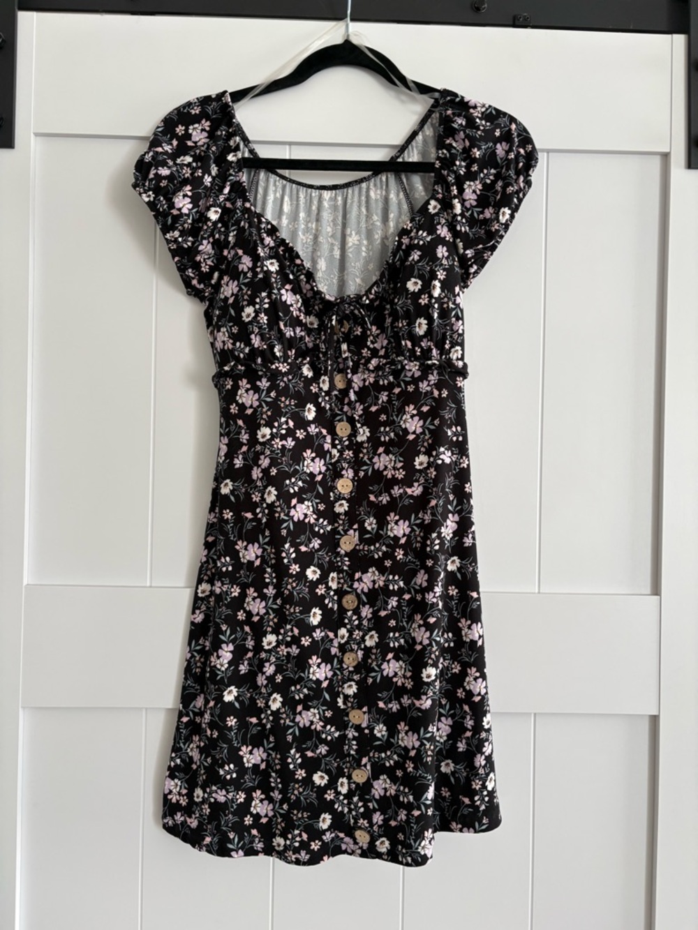 Floral Button-Front Mini Dress - Black with Pink Floral